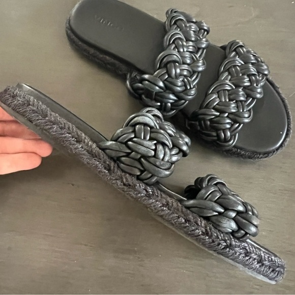 VINCE. Sullivan Braided Leather Flat Slide Sandals in Black, Size 7 or 8 - Picture 2 of 12